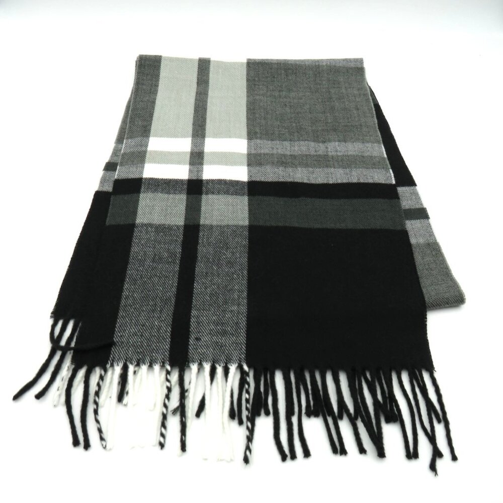 Italy Design Scarf‎ Black 68" White Plaid Cashmere Feel Fringe Unisex Soft